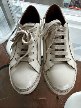 Cream Leather Low-Top Sneakers with Fabric Laces